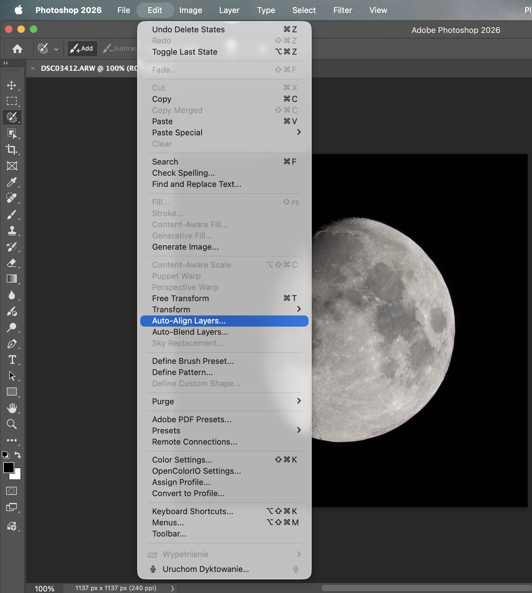 Auto-Align Layers option in Photoshop for Moon stacking