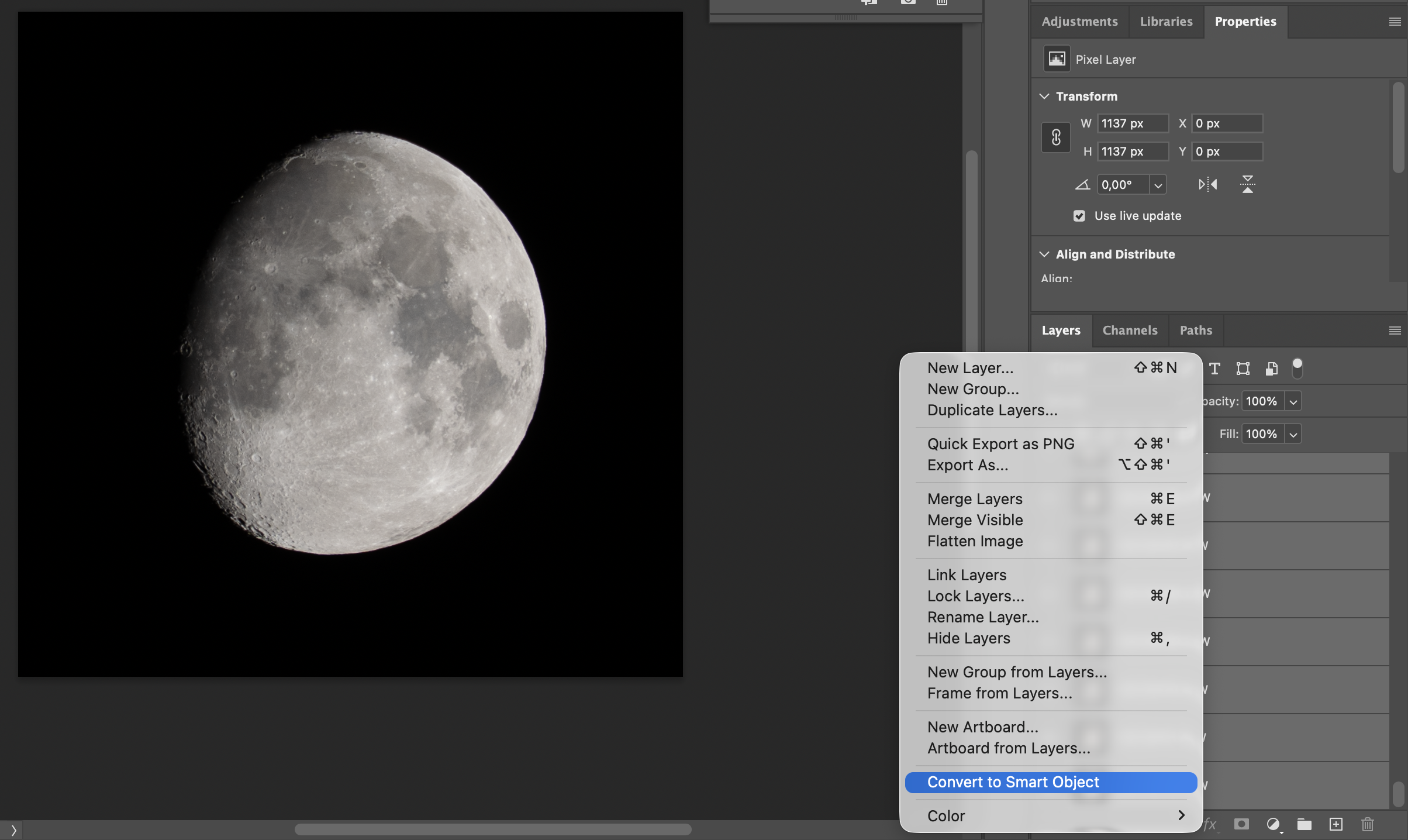 Convert Moon layer stack to Smart Object in Photoshop