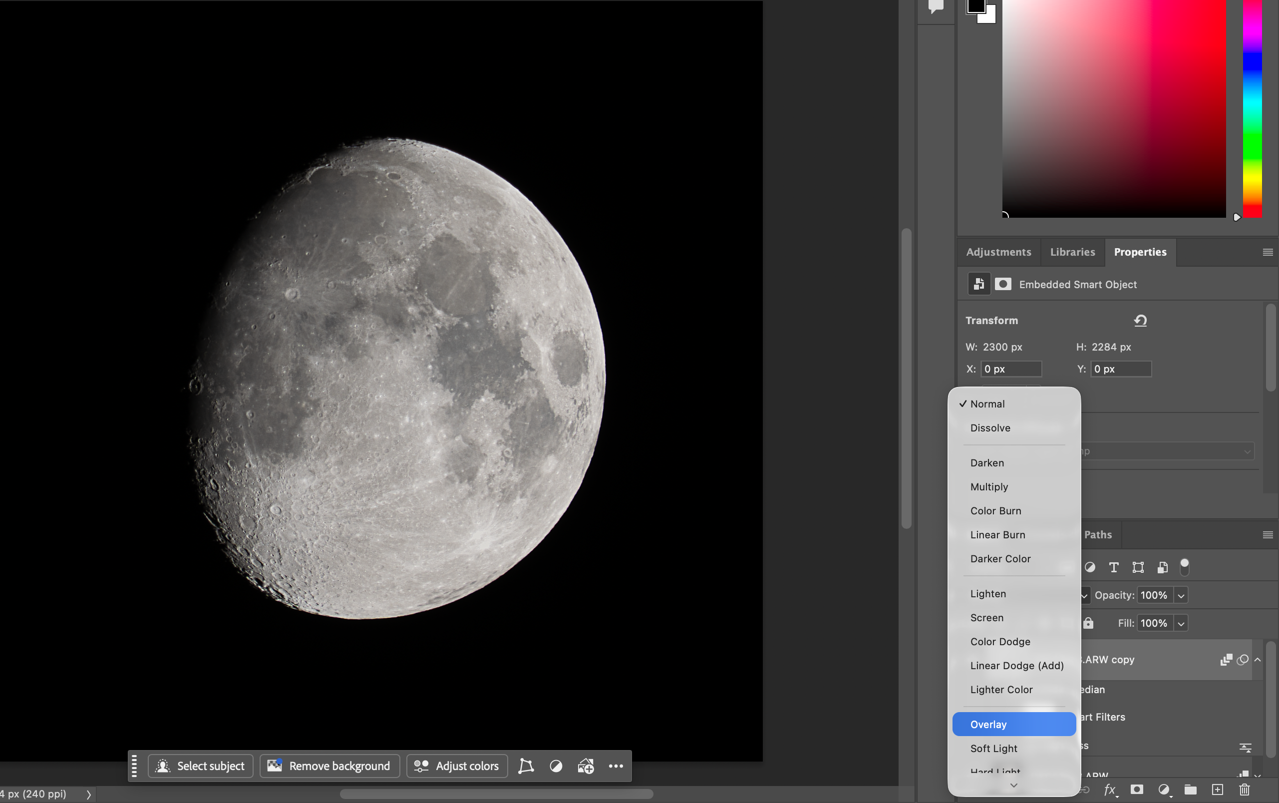 Overlay blend mode after High Pass for Moon sharpening