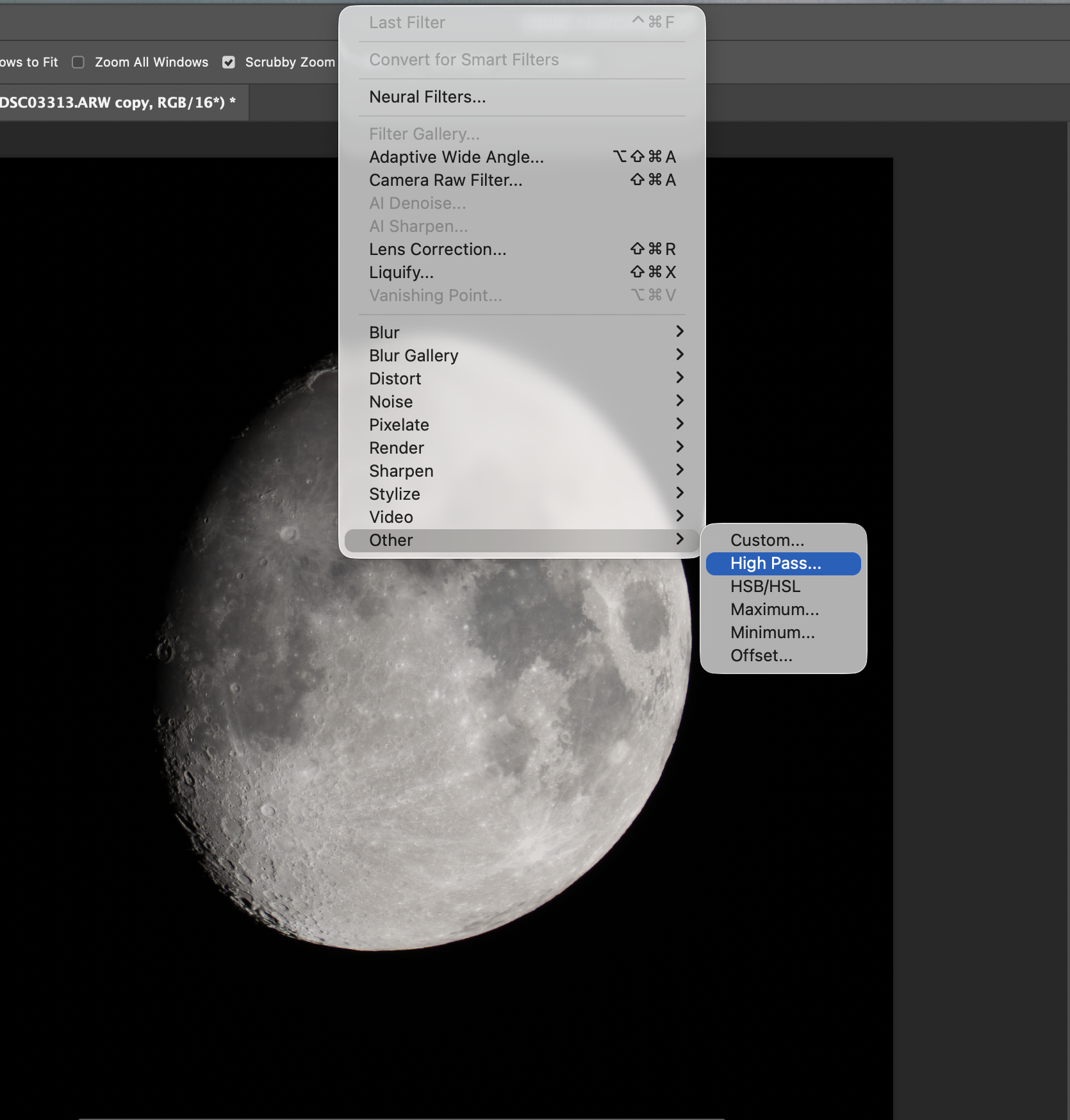 High Pass filter menu in Photoshop