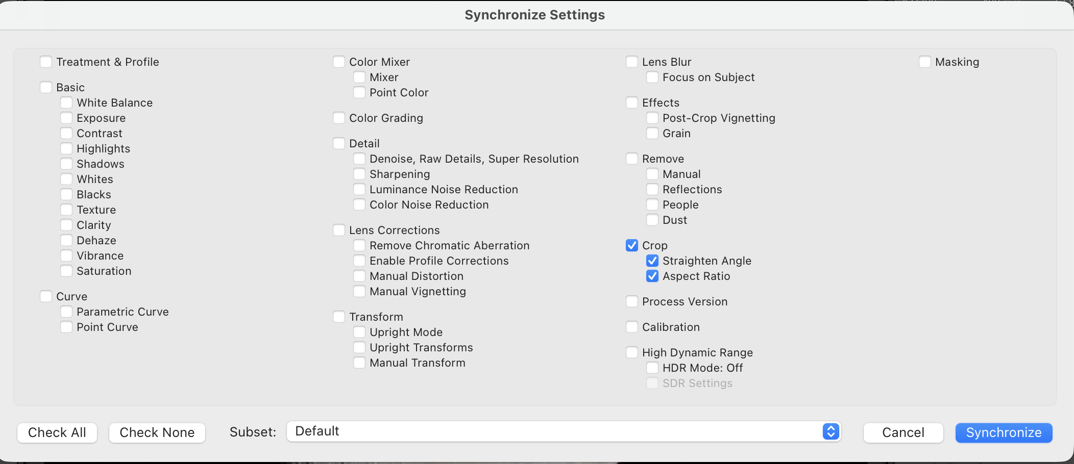 Synchronizing crop settings across Moon series in Lightroom